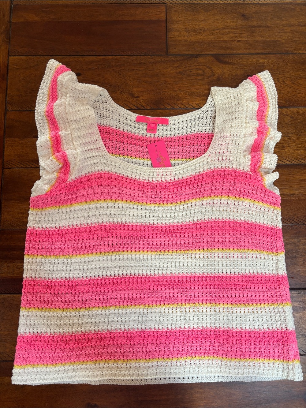 Lilly Pulitzer Pink, Cream & Yellow Striped Crochet Tank size L NWT